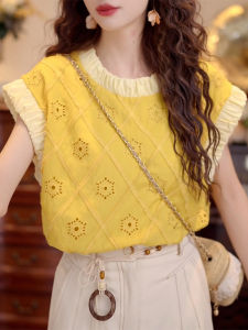 Shalldoer | Retro Hong Kong Style Round Neck Color Block Hollow Short Sleeve Shirt Womens New 2025 Summer Fashion Youthful Top Casual Loose Fit