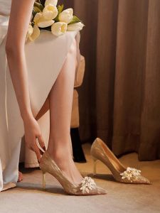 รองเท้าแต่งงานสีเงินสุดสง่างามสำหรับผู้หญิง รองเท้าแต่งงานสีทอง รองเท้าแต่งงานแบบสวมใส่สองทาง รองเท้าส้นสูงสไตล์ฝรั่งเศสสำหรับเจ้าสาว