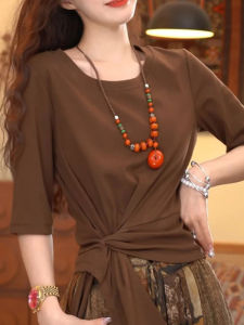 Áo thun nữ BINKAFENNY làm bằng vải cotton tay ngắn dáng ôm màu nâu