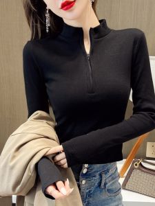 เสื้อยืดคอกลมแขนยาวทรงสลิมฟิตสำหรับผู้หญิง ฤดูใบไม้ร่วง 2025 ฤดูหนาว เสื้อชั้นในมีซิป ทรงสั้น ดีไซน์เรียบง่าย เสื้อตัวบน INS