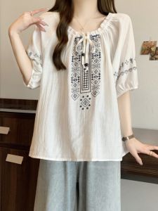 Vintage Ethnic Embroidered Short Sleeve Cotton Shirt for Plus Size Women Loose Fit Casual Summer Apparel with Stereo Clipping