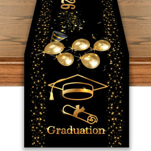 1pc Graduation Table Runner Black Gold Class of 2026 Graduation Theme Tablecover Polyester Tablecloth for Graduation Party Decor