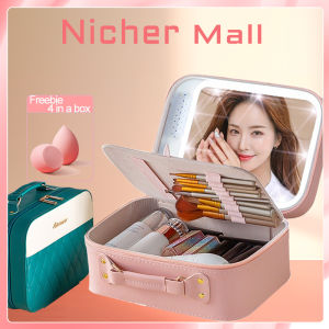 กล่องเครื่องสำอางมีไฟ LED กล่องใส่กระเป๋าที่เก็บอุปกรณ์การแต่งหน้ากล่องพกพากล่องเก็บเครื่องสำอางแบบมือถือกันน้ำสำหรับการเดินทางเครื่องมือความงาม PU