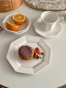 French Style Relief Ceramic Plate White Coffee Cup Dish Octagonal Dinnerware Salad Plate Adult Vintage Sensation Handmade Dish