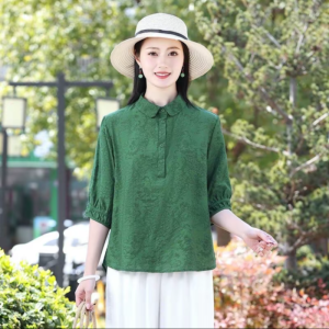 High-End Womens Silk Blend Linen Shirt Thin Elegant Slimming Overhead Top Comfortable Regular Fit Printed Spring Fashion