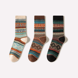 Retro National Trend Socks Mens Double Needle Mid-Calf Pure Cotton Autumn Winter Thickened Student American Brown Ethnic Style