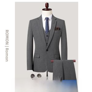 ROMON | Lormen Mens Business Casual Striped Suit Slim Fit Wedding Banquet New Groom Fitted Single Jacket Polyester Viscose Spandex