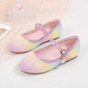 Princess Shoes for Girls Baby Soft Bottom Shiny Crystal Rainbow Colored Spring Summer Leather Shoes Childrens Footwear