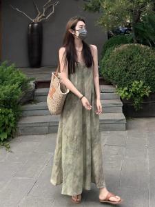 Floral Print Halter Dress Womens Spring Summer 2025 New Artistic National Style Retro Loose Slim Long Skirt Chinese Waist