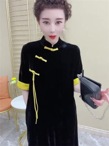 Fashionable Velvet Dress Womens Summer New Style Short Sleeve Splicing Qipao Buttoned Skirt Korean Style A-Line Midi Dress
