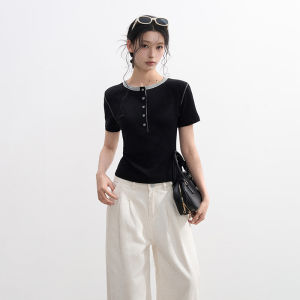 BAIDAIFEI | Gray Faux Two-Piece Henry Neck Short Sleeve T-Shirt Summer Slim Fit Short Shirt