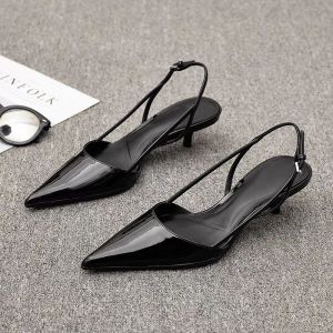 Black Pointed Toe Thin Heel Sandals Women Soft Patent Leather Spring Summer New French Simple Headed mid Heel Bent Heel Single Shoes