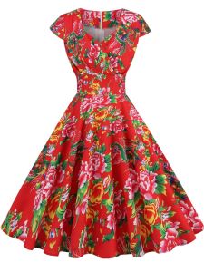 Retro Summer Big Flower Print V Neck Silm Fashion Big Swing Mid-Length Short Sleeve Dress Dance Skirt Women Dress