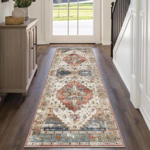 VIKAMA Distressed Vintage Floral Long Runner Rug Persian Oriental Non Slip Washable Carpet For Hallway Bedroom Entryway Decor