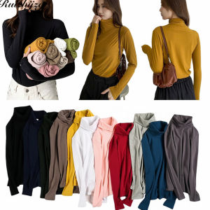Ruizhijzg Womens Modal Cotton Long Sleeve High Neck T Shirts Ladies Girls  Slim  Korean Turtle Neck Work Office Women Clothing Plus Size Plain Color Top