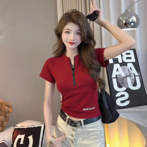 European Goods Fashion Half Zipper Letter Short Sleeve T-Shirt Womens Summer Fancy Western Style All-Matching Slimming Short Top Fashion
