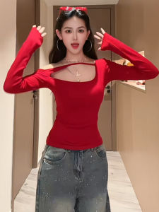YUEZHONGWEI | French One Shoulder Hollow Out Red Long Sleeve T-Shirt