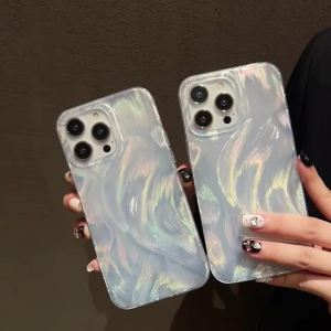 TAOYUNXI | Fashion Gradient Laser Feather Pattern Silver Phone Case For iPhone 17 Pro 15 14 16 Plus 13 11 12 Pro Max Air Shockproof Cover