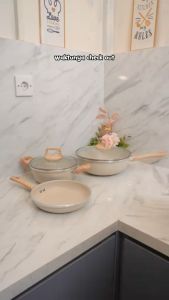 [BISA KOMPOR LISTRIK] freemir Set 7 Pcs Wajan dan Panci Beige 26/20/20/16 cm Anti Lengket dengan Tutup Kaca Stainless Lapisan Granit