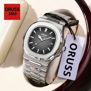 ORUSS Square Luxury Men Wristwatch Waterproof Luminous Date Stainless Steel Male Clock Business Sports Quartz Watches For Men