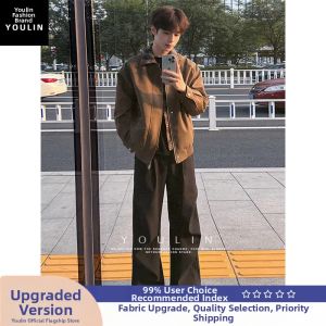 YOULIN | Brown Two-Piece Look Plaid Spliced Mens Jacket