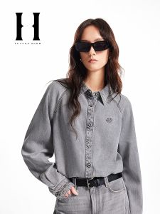 Fashionable Spring Blouse Embedded with Logo and Embroidery Turn-down Collar