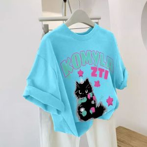 Summer 2024 New Arrival American White Sea Blue Fancy Niche Personality Wear Pure Cotton Short Sleeve T-shirt for Women