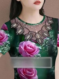 Green Rose Lace Print Short Sleeve Womens T-Shirt 2024 New Korean Style Belly Covering Parka Womens Top Commute Style