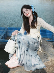 PEIZIXUAN | Elegant French Style Blue Floral Long Dress Summer