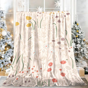 Beast Kingdom | Blush Warm Wildflower Meadow Line Art Flannel Blanket Soft Fuzzy Plush Cozy Warm Throw for Sofa Bed Couch Home Decor
