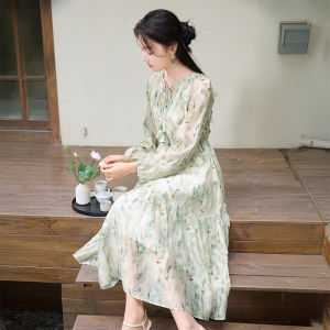 XIANGYING | Đầm Hoa Dạng Dài Tay Elegance Kiểu Trung Quốc Đỡ eo