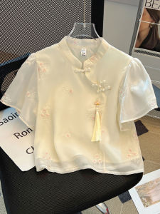 Brand Discount Chinese National Style Short Sleeve Embroidered Shirt Womens Improved Cheongsam Short Top Korean Style Loose Fit