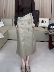 Khaki A-Line Mini Skirt Womens Fashionable High Waist Slimming Split Commuter Style Korean Version Versatile Mid-Length Skirt