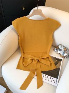 Summer Womens Slim Fit Short Sleeve Knitted Top Back Strap Square Collar Korean Style Pure Color Versatile Fashionable T-shirt