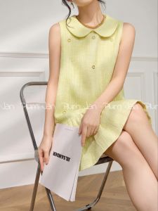 PlumJan | Đầm Vòng Cổ Peter Pan Màu Vàng Không Tay Phong Cách Pháp Mùa Hè Dạng Cá Sấu