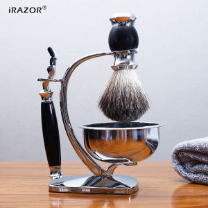 IRAZOR หรูหราคลาสสิก 4 ใน 1 ชุดโกนหนวดชายชุดของขวัญธรรมชาติน้ําผึ้ง PURE Badger แปรงผมและ M3 Mach 3 เครามีดโกน