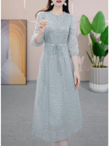GUBODUO | Trendy Dot Print Waist Cinching Slim Dress Three Quarter Sleeve