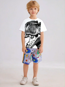 LJMOFA Kids 100% Cotton T-shirt for Boy 3-10 Yrs Dinosaur Pattern Fashion Short Sleeve Shirt for Kid
