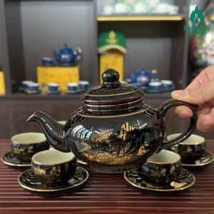 Bộ Ấm Chén Men Đen Lòng Trắng Vinh Hoa Phú Quý - Bộ Bình Trà Bát Tràng Đẳng Cấp - Bộ Ấm Trà Vinh Hoa Phú Quý