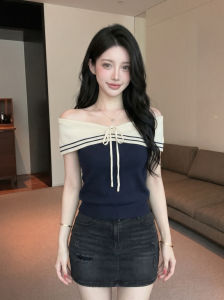 GUZILIAN | Navy Stripe Off-Shoulder Tie Collar Sleeveless Shirt