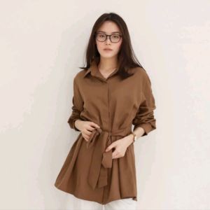 kemeja panjang wanita kombinasi tali pinggang//blouse terbaru
