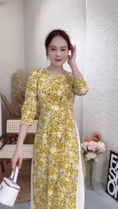 Đầm kiểu áo dài họa tiết hoa nhí tay phồng lớp trong tùng váy xòe (không có quần) - MS0302 (Hình thật shop chụp)