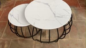 Bàn Trà Đôi Sofa Lồng Đèn Bàn Trà Mặt Đá Tròn Chân Sắt Cafe Phòng Khách