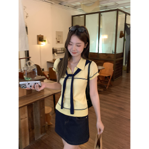 Yellow Contrast Color Knit Top Summer