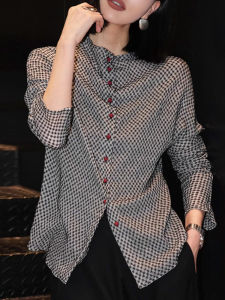 UYFY | Áo sơ mi kẻ caro cổ cao tay dài dáng rộng thời trang thu đông cho nữ chất liệu cotton pha trộn thường ngày thoải mái đa năng