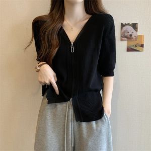 Áo Thun Nữ Tay Ngắn Dệt Kim Ôm Vừa Vặn Mùa Hè Thiết Kế Khóa Kéo Hai Chiều Màu Trơn Thời Trang Đa Năng Chất Liệu Polyester