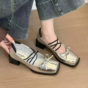 Retro Green Thick Heel High Heels Womens Slip-On Square Head Single Shoes Leather Version French Mary Janes Fashion Shoes