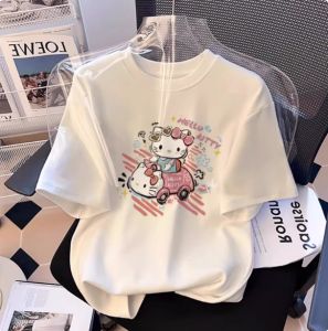 2026 Summer 100% Cotton Sanrio Hello Kitty Printed Casual Loose T-shirt Parent-child Vintage Harajuku Top 52TOYS Collaboration.