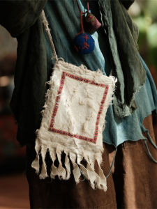 Retro Cotton Linen Crossbody Phone Bag Patchwork Thickened Tassel Style Worn-out Wilderness Small Bag for Women