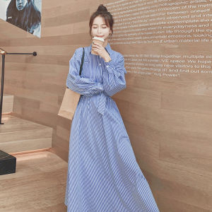Blue Striped Long Sleeve Shirt Dress Womens Mid-Length Slim-Fit French Design Style A-Line Skirt Polyester Fiber Polo Collar